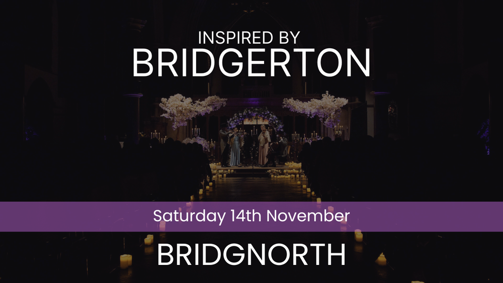 Promotional graphic for a Bridgerton-inspired event, featuring a dark wedding venue scene with a decorated aisle, candles, and a bride and groom under a floral arch. Large white text reads 'INSPIRED BY BRIDGERTON,' 'Saturday 14th November,' and 'BRIDGNORTH,' with a purple horizontal band across the center.