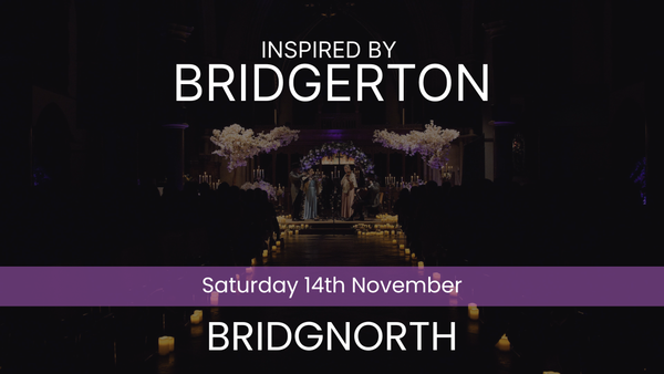 Promotional graphic for a Bridgerton-inspired event, featuring a dark wedding venue scene with a decorated aisle, candles, and a bride and groom under a floral arch. Large white text reads 'INSPIRED BY BRIDGERTON,' 'Saturday 14th November,' and 'BRIDGNORTH,' with a purple horizontal band across the center.