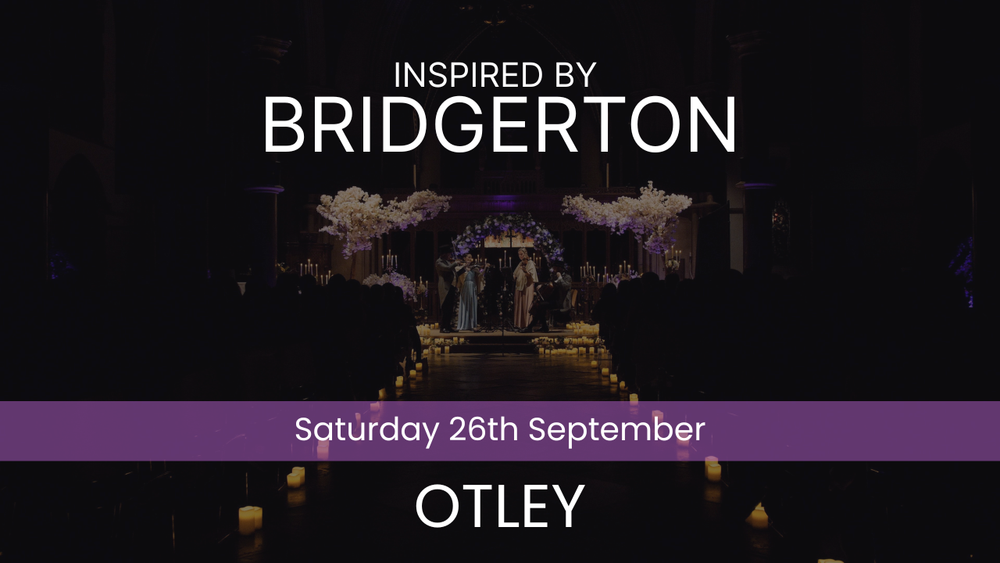Promotional image for an event inspired by Bridgerton, featuring a decorated stage with 'Inspired by Bridgerton' text and date 'Saturday 26th September' at the bottom.