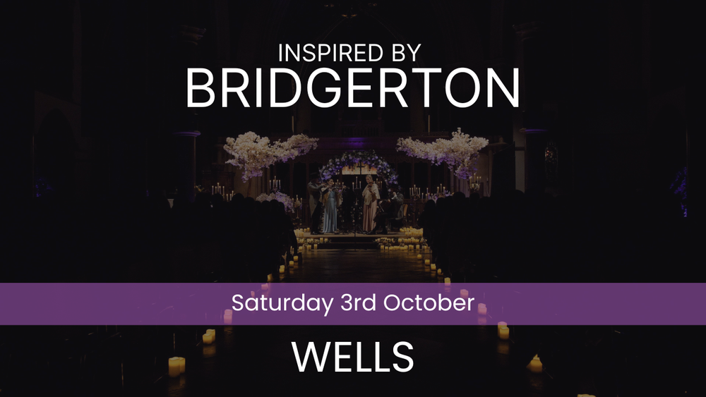 Promotional image for an event inspired by Bridgerton, with text indicating date and location.