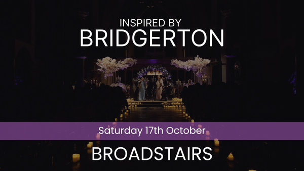 Promotional poster for an event inspired by 'Bridgerton' with a dark background and text overlay.