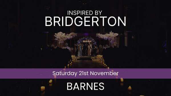 Promotional poster for an event inspired by 'Bridgerton' with a dark background and text.
