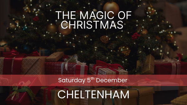 Advertisement for Christmas event in Cheltenham with a decorated Christmas tree and presents.