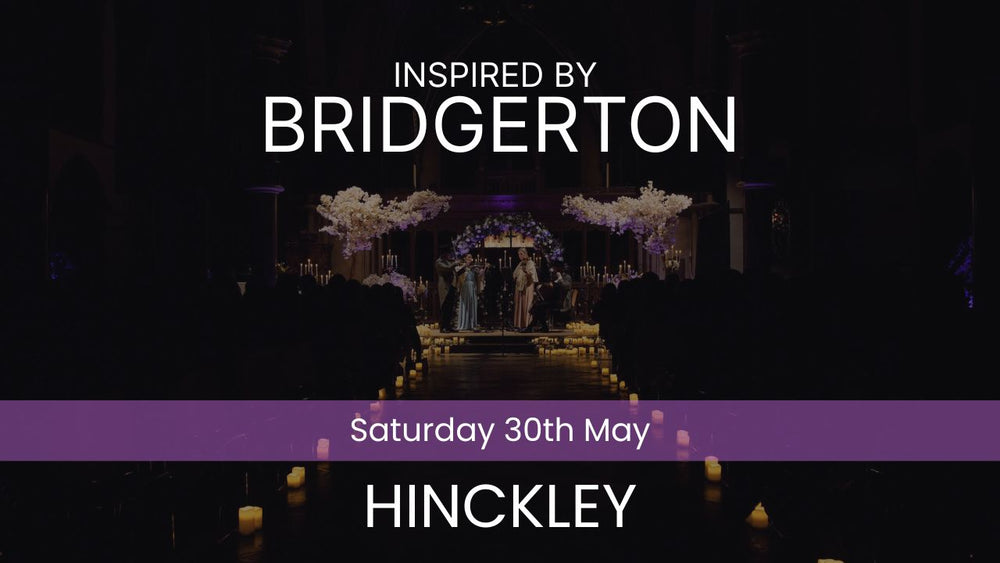 Two musicians playing violin and cello in a decorated indoor setting with candles and floral arrangements. Inspired by Bridgerton Saturday 30th May Hinckley