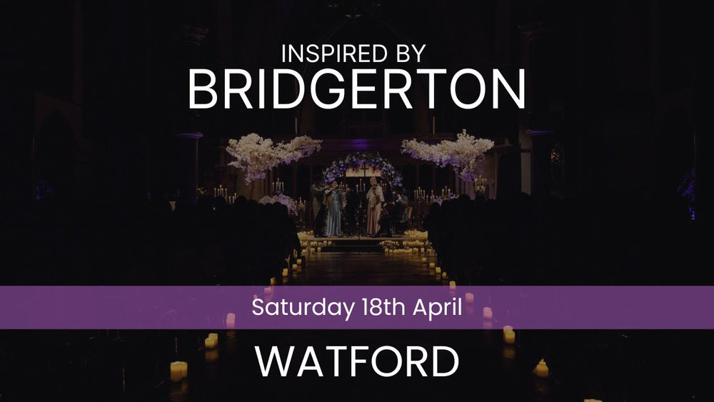 Two musicians playing violin and cello in a decorated indoor setting with candles and floral arrangements. Inspired by Bridgerton Saturday 18th April Watford