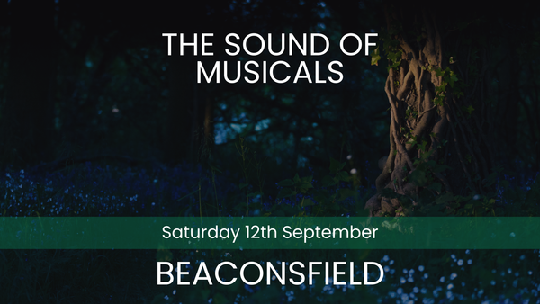 Promotional poster for 'The Sound of Musicals' event in Beaconsfield on September 12th with a dark background and text overlay.
