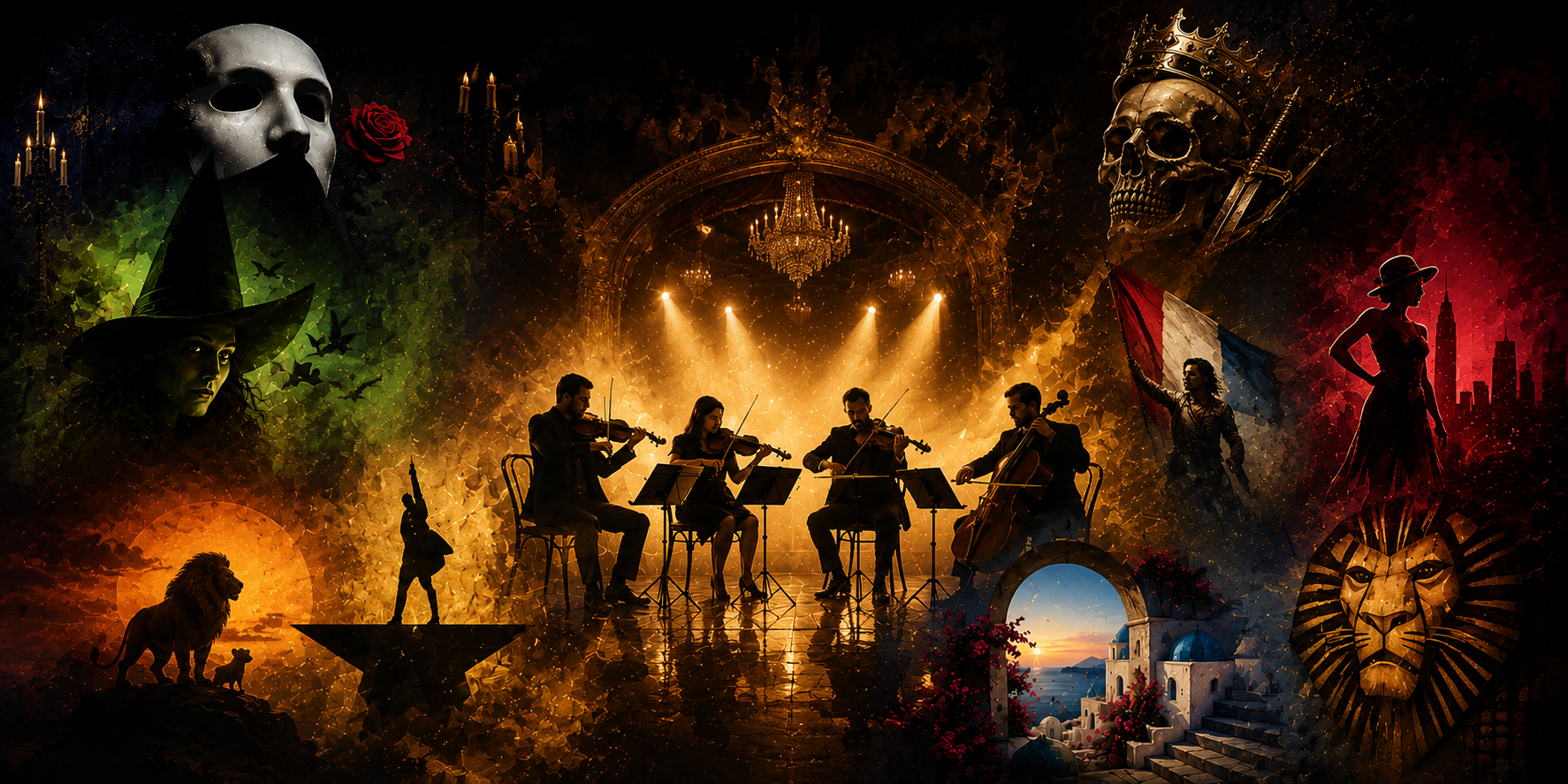 Mystical scene with musicians in a grand hall surrounded by decorative elements and silhouettes.