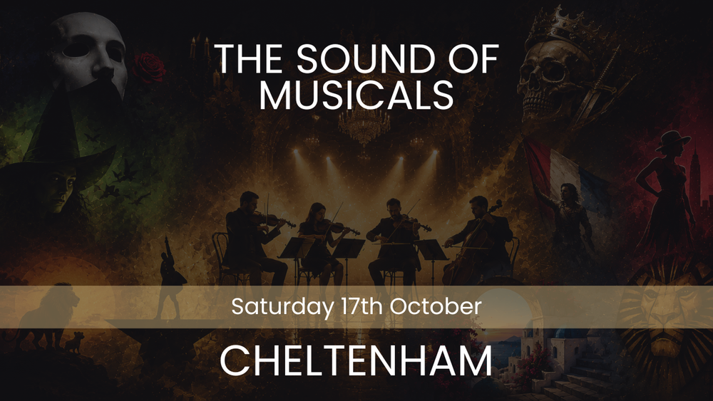 Promotional poster for 'The Sound of Musicals' event in Cheltenham on Saturday 17th October, featuring silhouettes of musicians and a dark background.