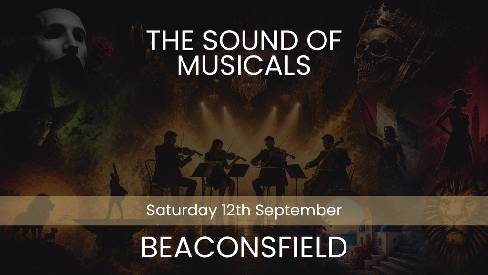 Promotional poster for 'The Sound of Musicals' event in Beaconsfield with silhouettes of musicians and text.