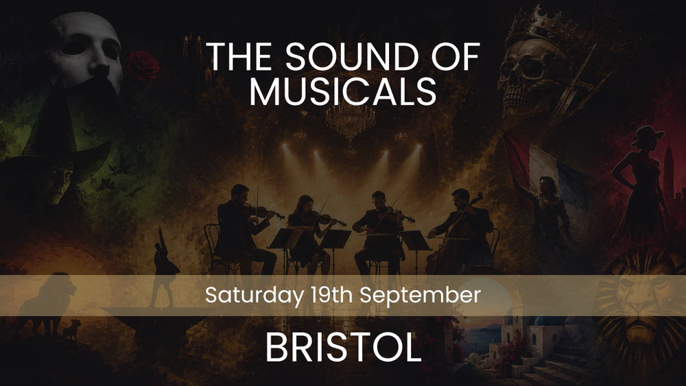Promotional image for 'The Sound of Musicals' event in Bristol on September 19th, with silhouettes of musicians and a dark background.