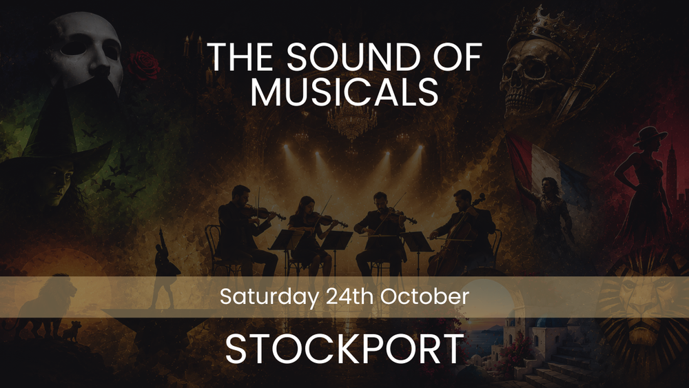 Promotional poster for 'The Sound of Musicals' event in Stockport with silhouettes of musicians and text.