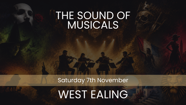 Promotional graphic for a musicals event in West Ealing, featuring silhouettes of musicians performing on stage with dramatic lighting and theatrical imagery in the background. Text reads 'THE SOUND OF MUSICALS', 'Saturday 7th November', and 'WEST EALING'.