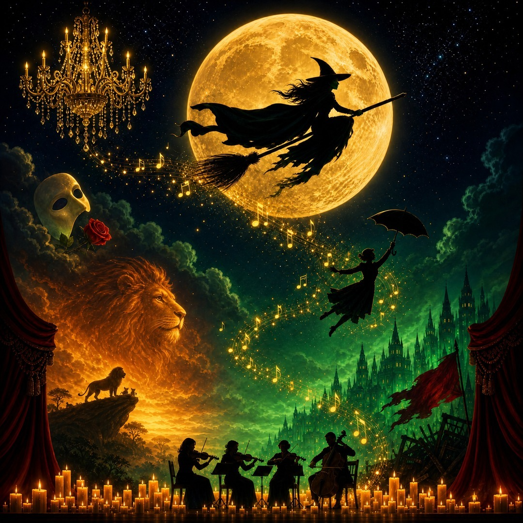 A dramatic fantasy artwork showing a large glowing full moon, a witch riding a broomstick across the sky, a smaller figure flying with an umbrella, silhouetted figures at the bottom with candles, a lion face in the clouds, a chandelier, a mask with a rose, and a dark castle under a starry night sky.